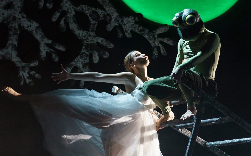 A ballet dancer performs in front of a frog under the light of a green moon