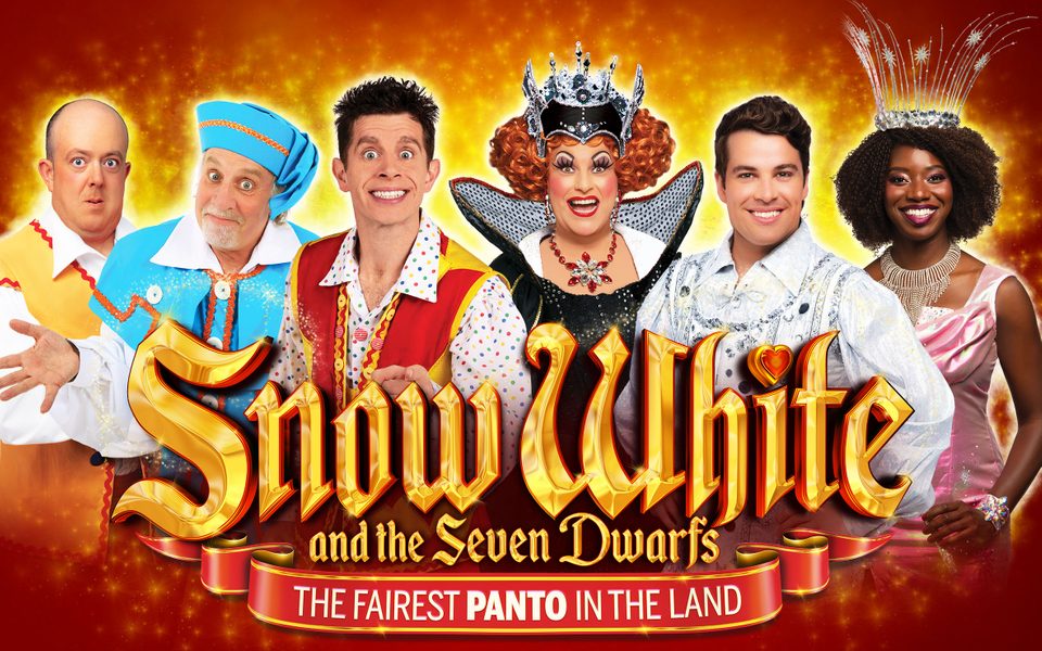 The cast of Snow White and the Seven Dwarfs with title treatment
