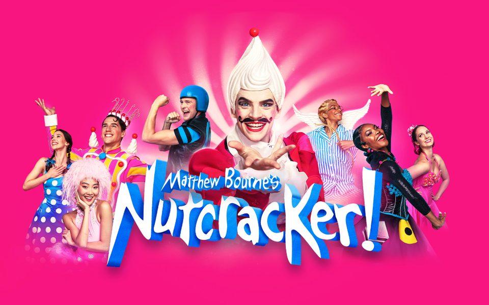 A selection of circus performers pose around the title treatment for Matthew Bourne's Nutcracker!