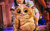 A mouse-lemur puppet controlled by a woman.