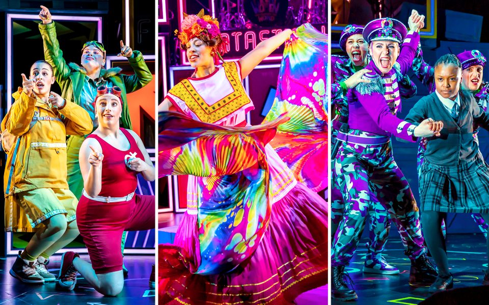 Three images side by side. Women dressed in colourful costumes with animated facial expressions.