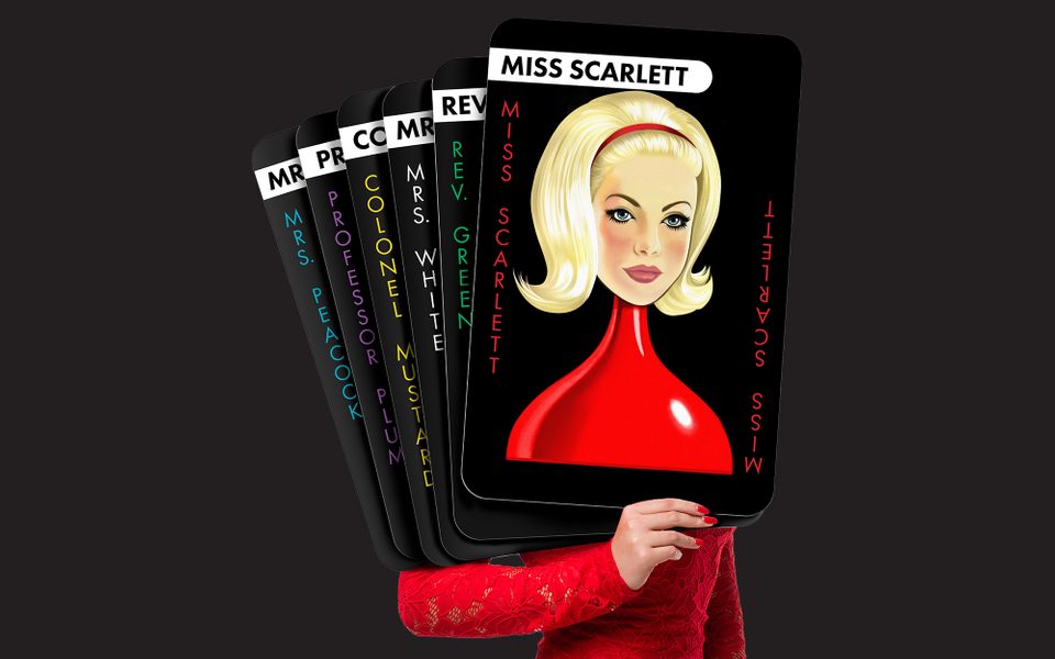 A woman in a red dress holds a deck of giant Cluedo cards; Miss Scarlett is at the front.