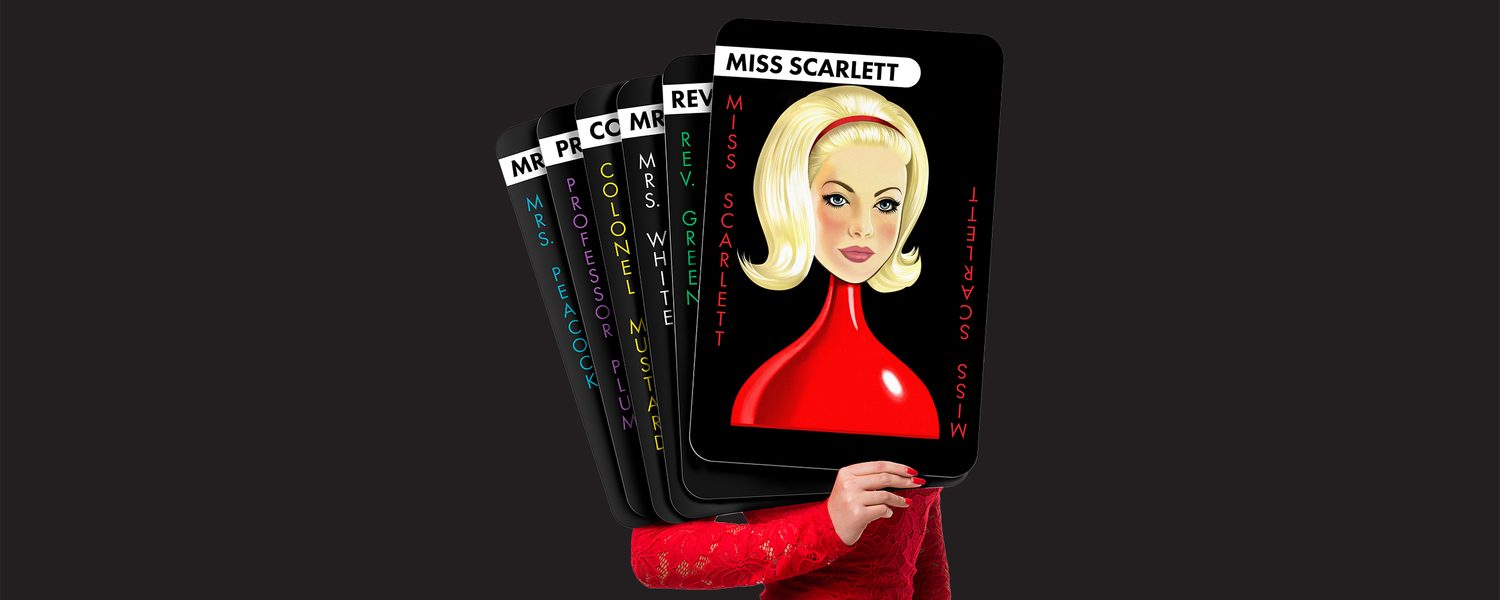 A woman in a red dress holds a deck of giant Cluedo cards; Miss Scarlett is at the front.