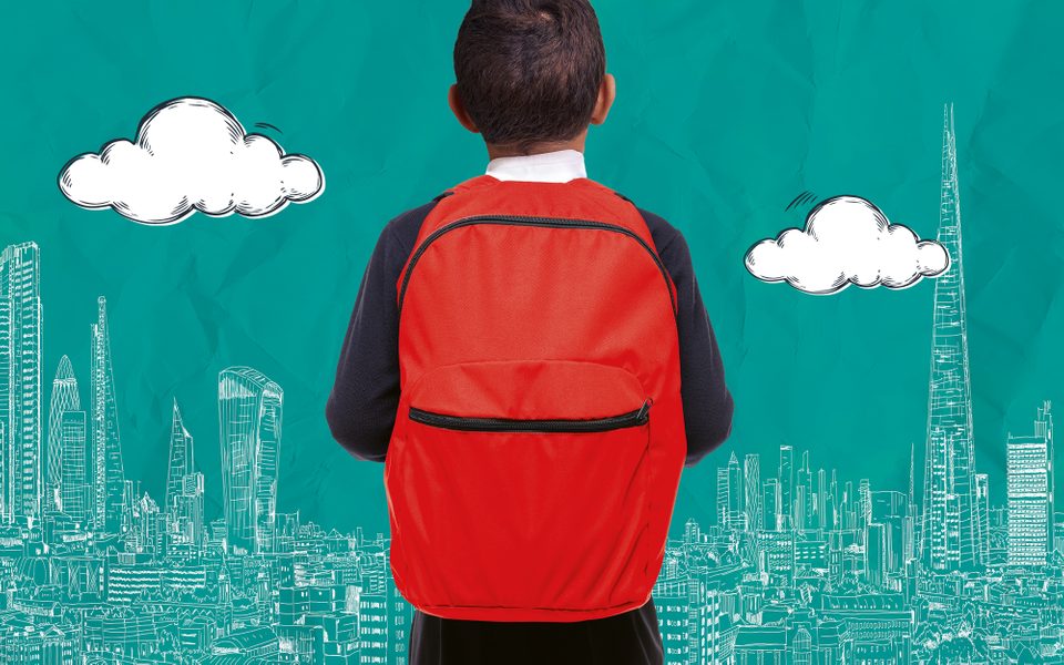 A blue background with a child facing away from the camera, wearing a red backpack.