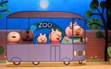 Peppa, George and other characters are sitting on the bus.