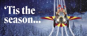 A magical car flies through a night-time sky above snow covered trees with beautifully gift wrapped presents falling out of the back of the car.