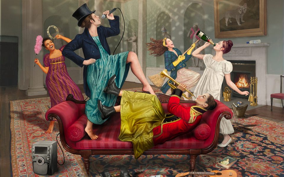 A riotous party takes place in a room in a stately home. Guests lounge on a plush red sofa and drink wine room bottles whilst others dance enthusiastically