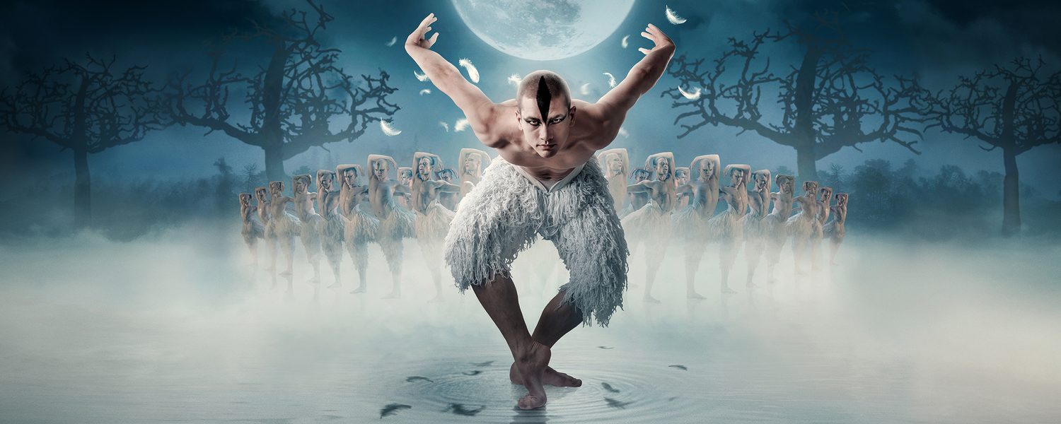 A male dancer creates a swan shape whilst the background looks foggy and mysterious.