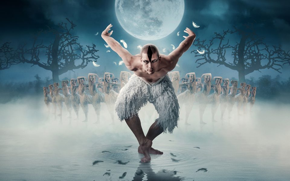 A male dancer creates a swan shape whilst the background looks foggy and mysterious.
