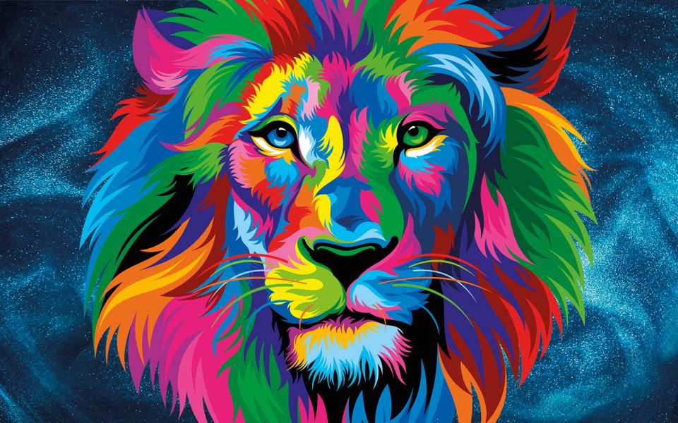 An image of a lion painted in an array of colours.